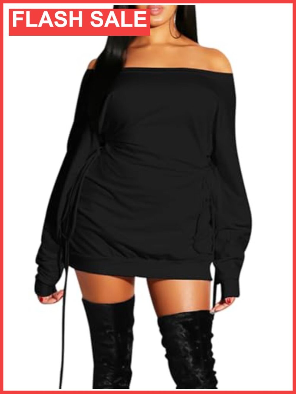 Off Shoulder Long Sleeve Loose Fit Mini Club Dress with Drawstring Waist